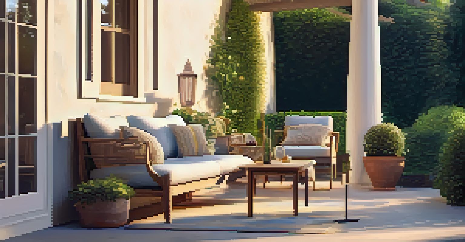 A welcoming outdoor patio with comfortable seating, lush greenery, and a soft throw, illuminated by the golden light of sunset.