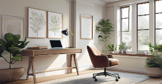 A contemporary home office with a desk, laptop, and plants, illuminated by natural light from a large window.