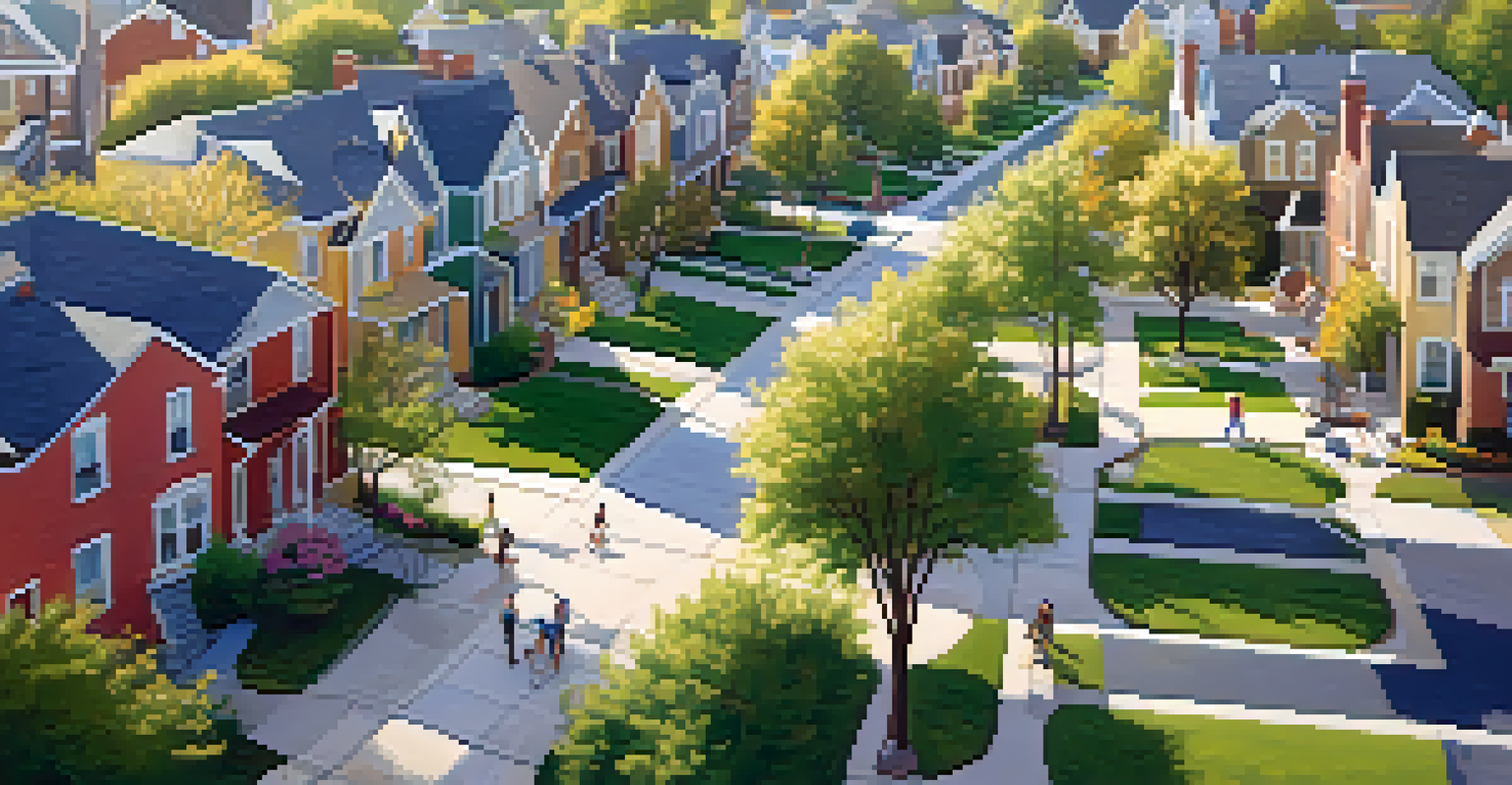 Aerial view of a lively neighborhood with diverse homes, parks, and people enjoying the outdoors in warm sunlight.