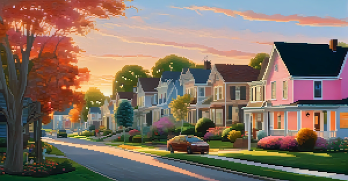 A peaceful suburban neighborhood during sunset with beautiful homes and a family walking a dog.