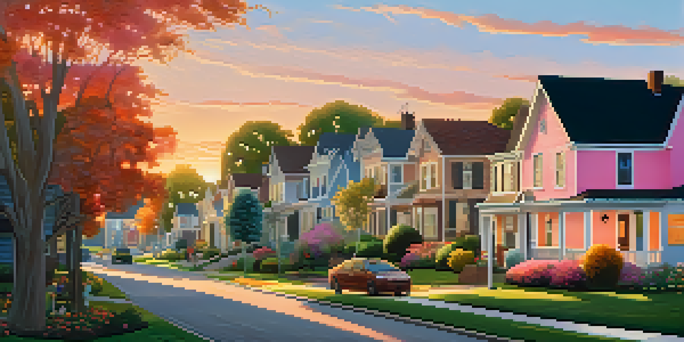 A peaceful suburban neighborhood during sunset with beautiful homes and a family walking a dog.