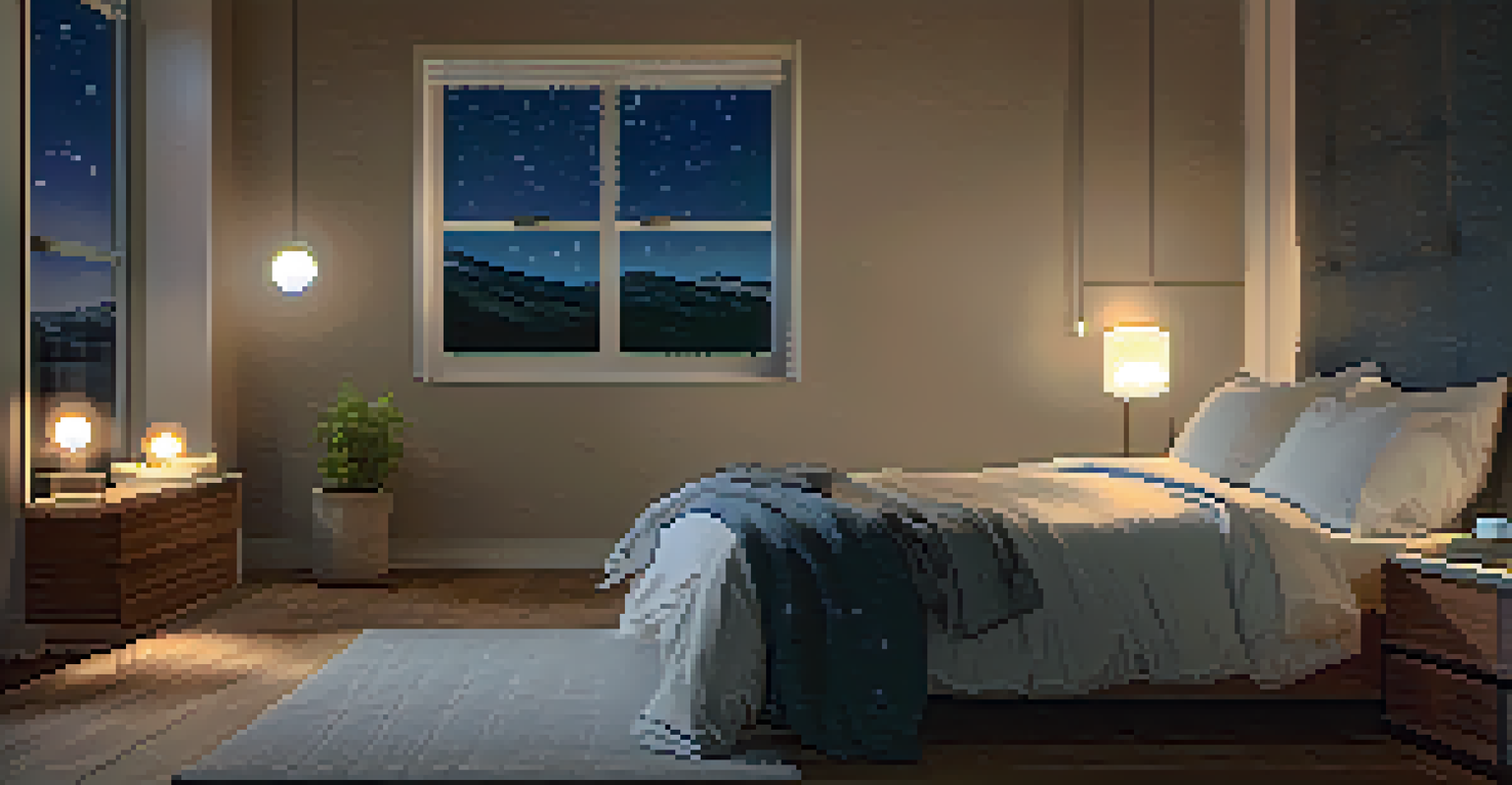 A cozy bedroom with smart climate control, featuring a smart thermostat, ambient lighting, and a peaceful night sky outside the window.