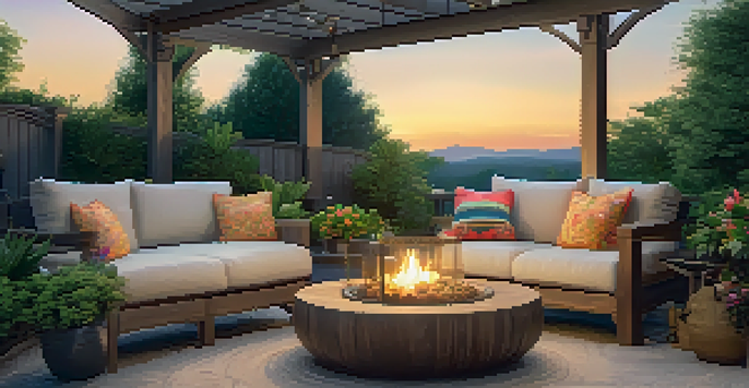 A cozy outdoor seating area with plush cushions, surrounded by greenery and flowers, with a wooden coffee table and fire pit, illuminated by ambient lighting at sunset.