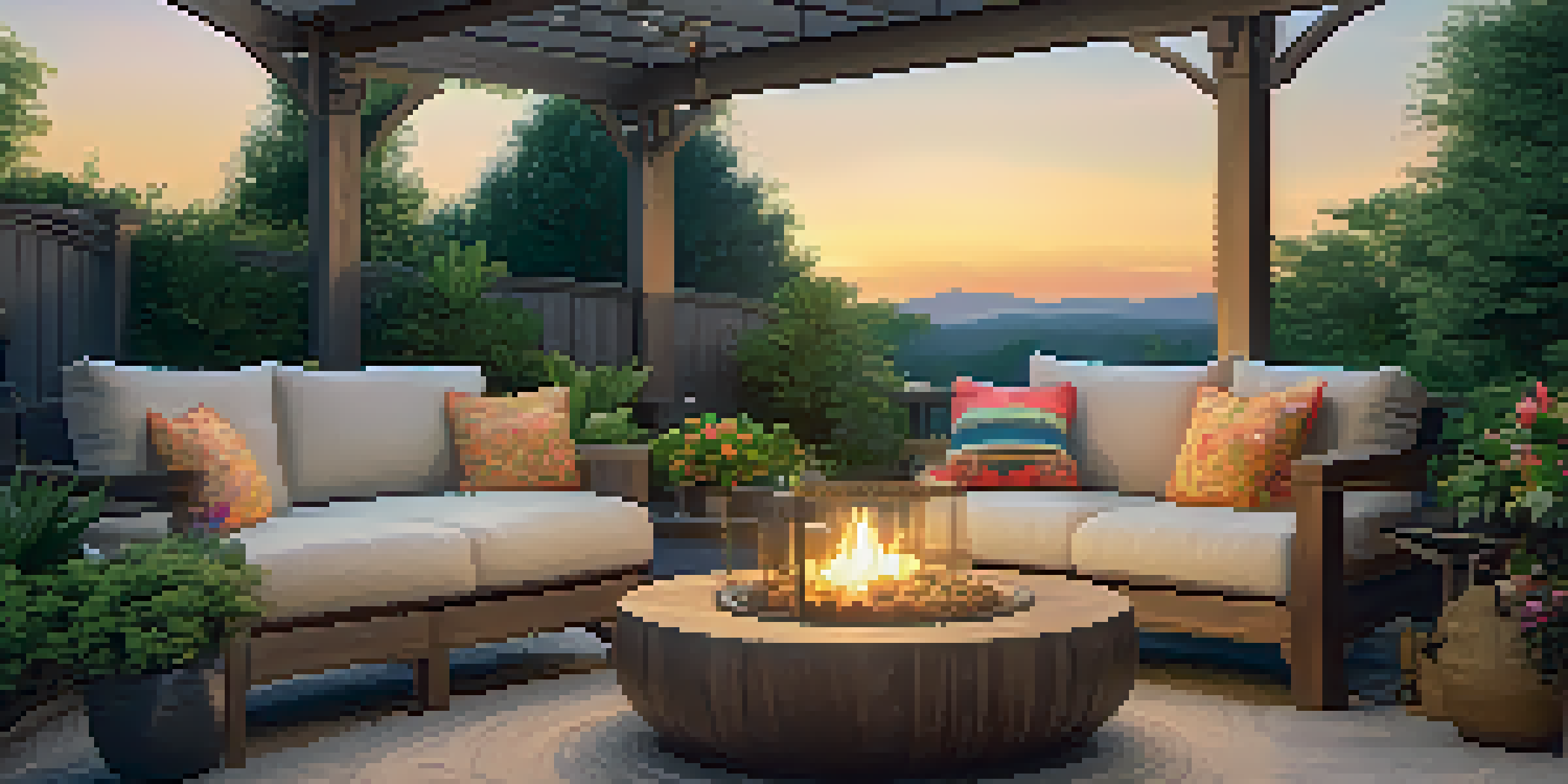 A cozy outdoor seating area with plush cushions, surrounded by greenery and flowers, with a wooden coffee table and fire pit, illuminated by ambient lighting at sunset.