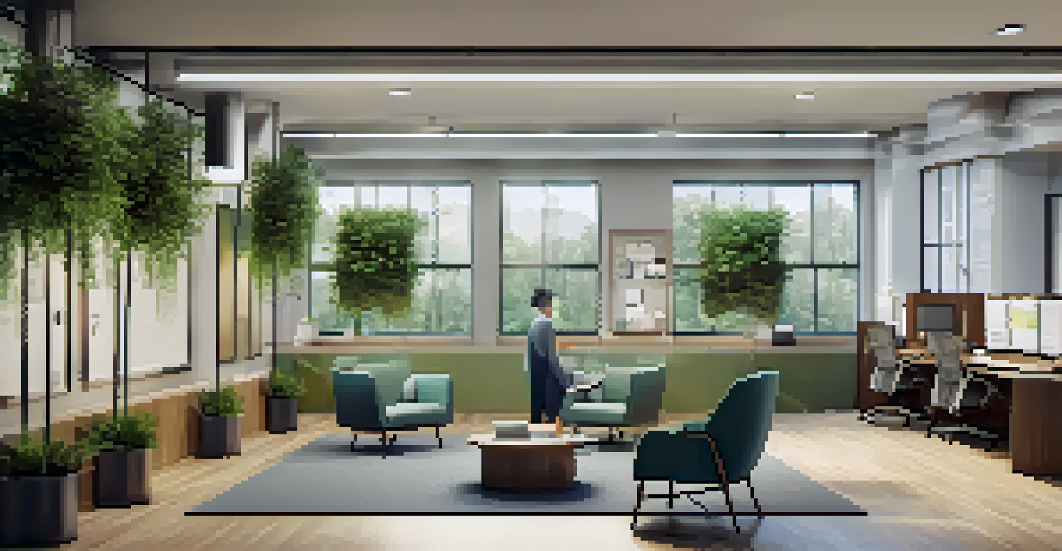 An open office with distinct zones, including a quiet reading nook and a collaborative workspace, featuring acoustic panels and indoor plants.