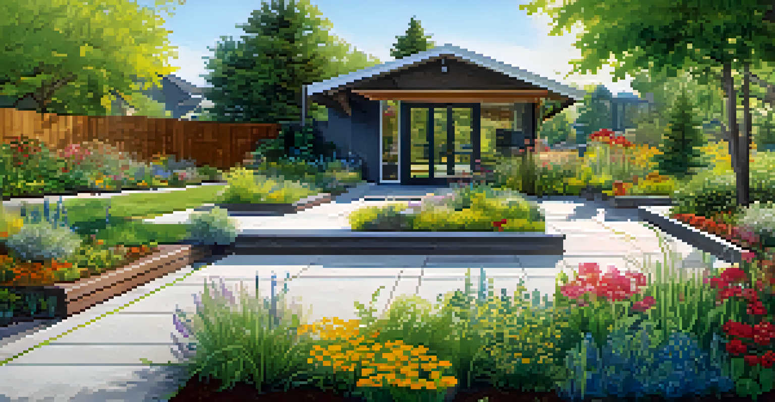 A sustainable garden with native plants and a rain garden, depicted under a clear blue sky.
