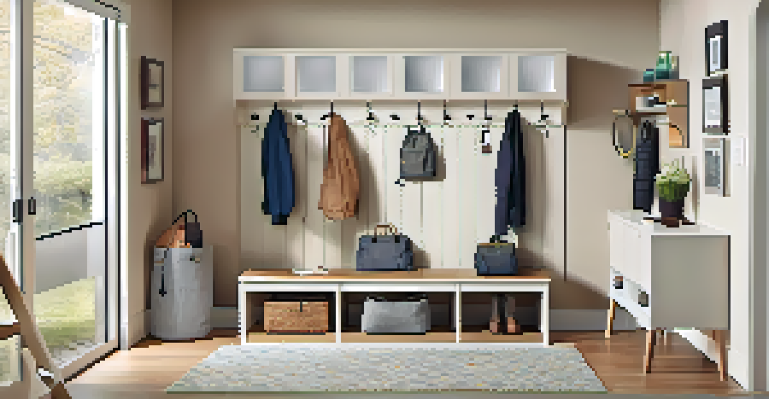 A tidy entryway featuring smart storage, organized coats and bags on hooks, a motion-sensor light, and a calming color scheme with a textured rug on the floor.