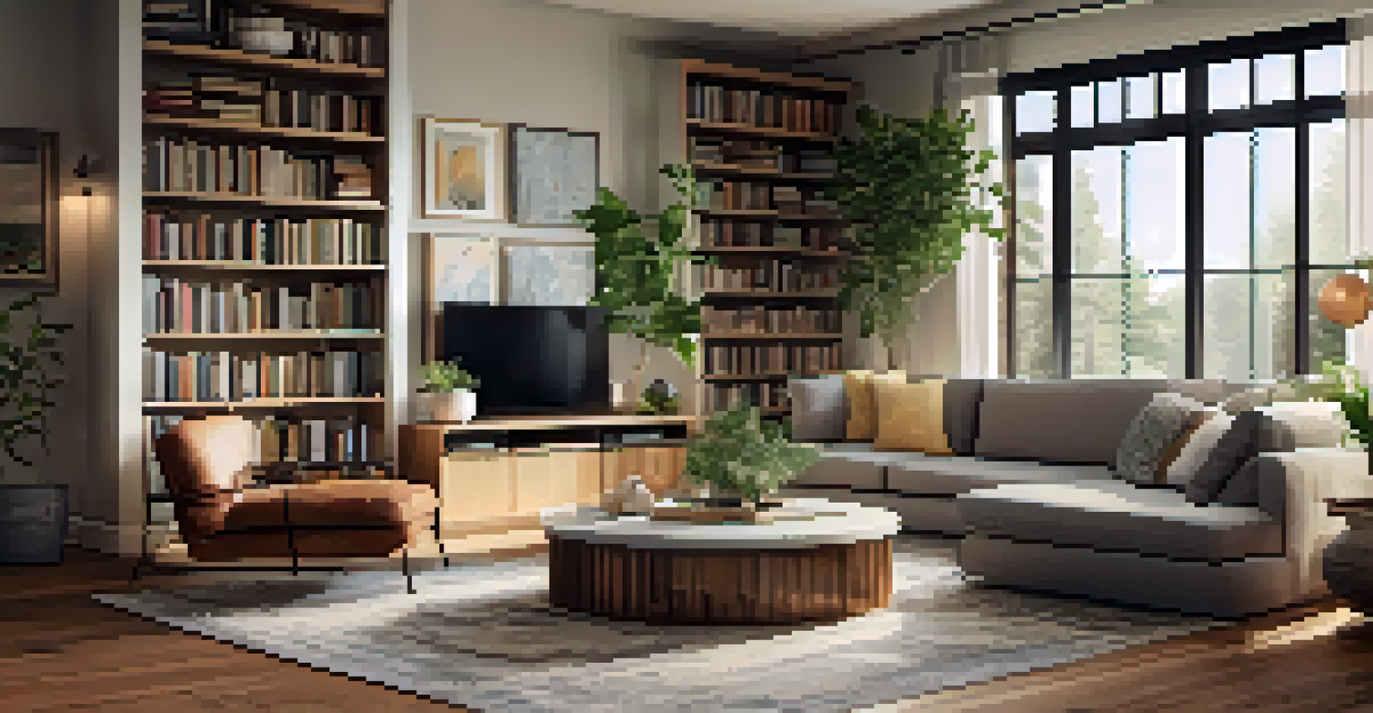A cozy living area within an open floor plan, featuring a sectional sofa, area rug, and a coffee table, surrounded by plants and a bookshelf.