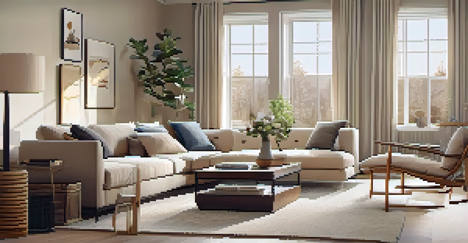 A cozy living room with a sectional sofa, coffee table, and bookshelf, illuminated by natural light.