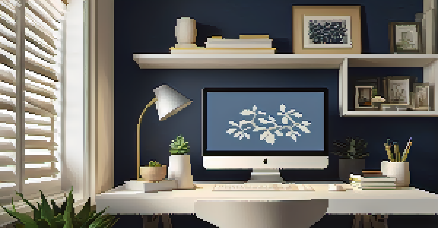 A small home office with beige walls and a dark blue accent wall, featuring a desk with a laptop and a succulent plant.