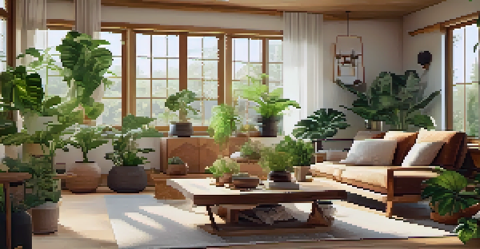 A bright living room filled with plants and natural light, showcasing wood furniture and a calming atmosphere.