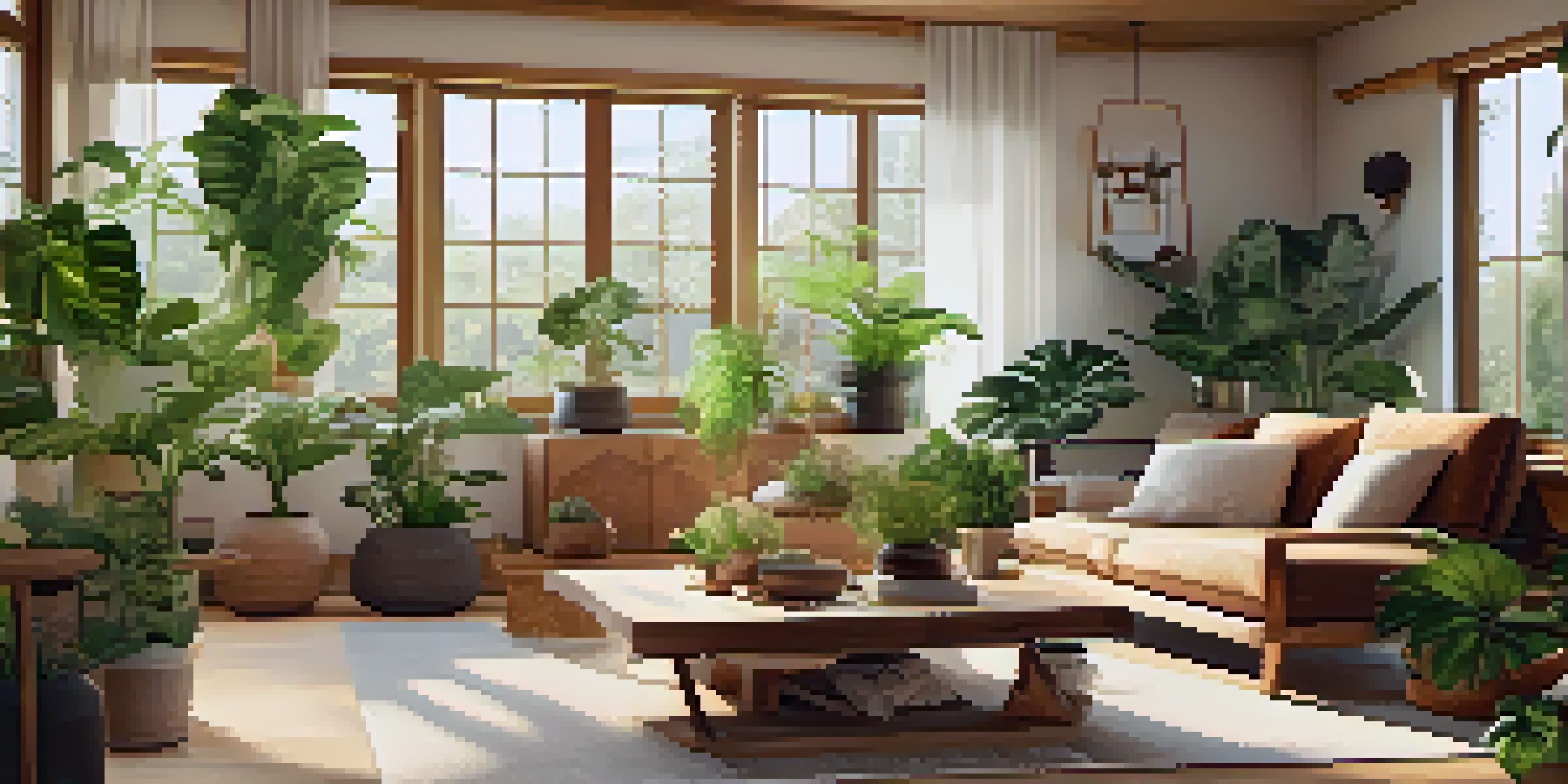 A bright living room filled with plants and natural light, showcasing wood furniture and a calming atmosphere.