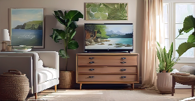A warm living room with a vintage dresser as a TV stand, plants, and natural materials under soft lighting.