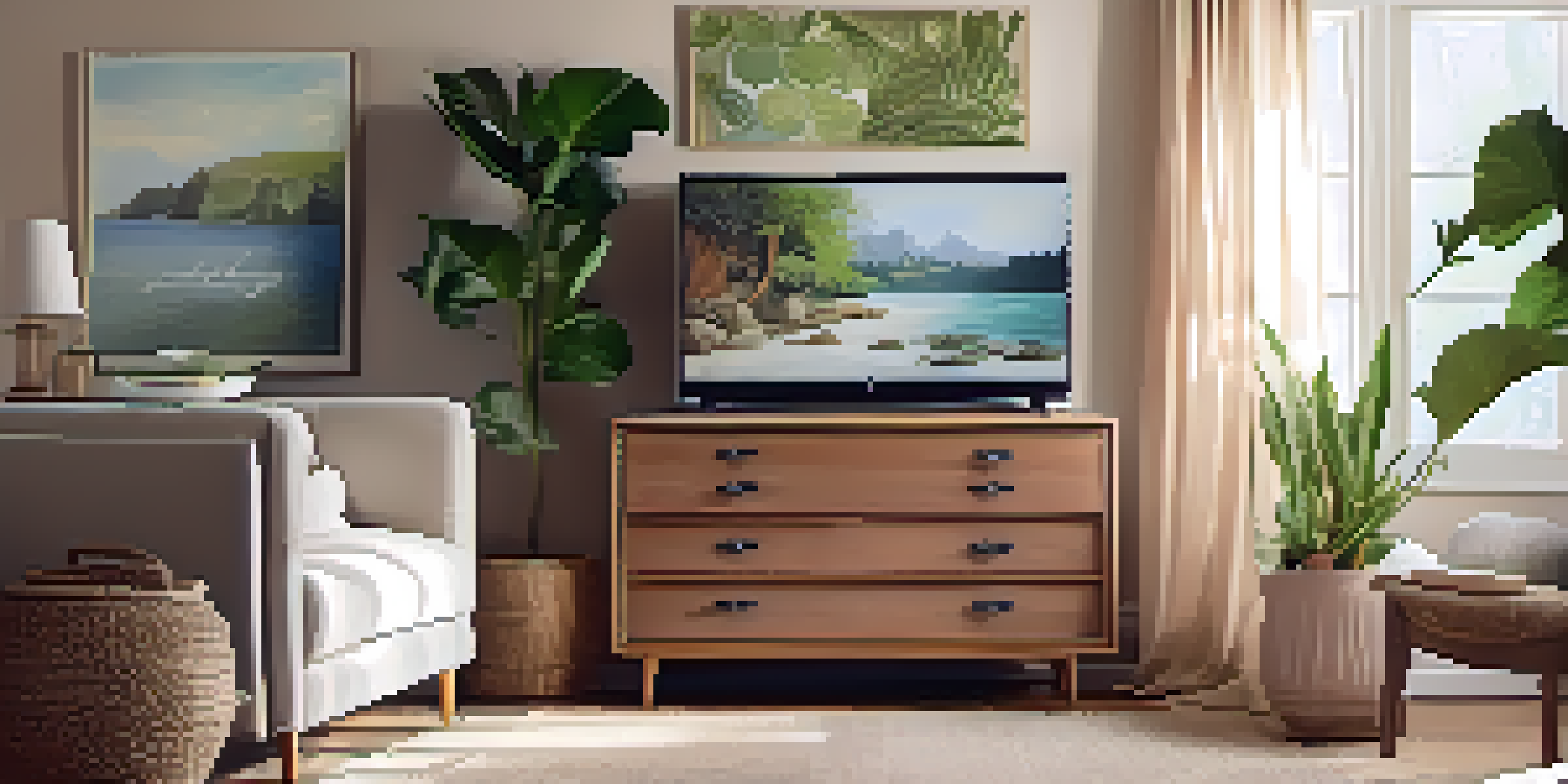 A warm living room with a vintage dresser as a TV stand, plants, and natural materials under soft lighting.