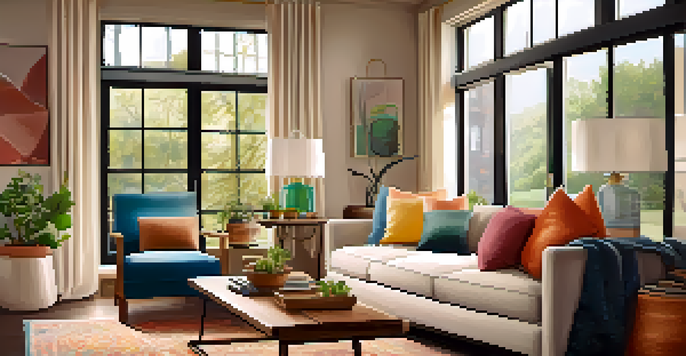A cozy living room with a sofa, cushions, a coffee table, and large windows letting in natural light.