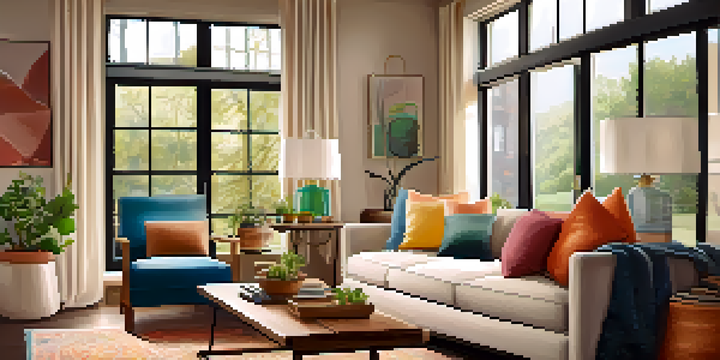 A cozy living room with a sofa, cushions, a coffee table, and large windows letting in natural light.