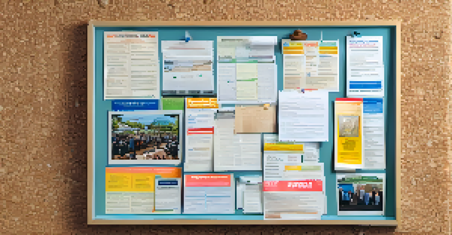 A detailed view of a community bulletin board displaying flyers for HOA meetings and events, surrounded by a wooden frame.