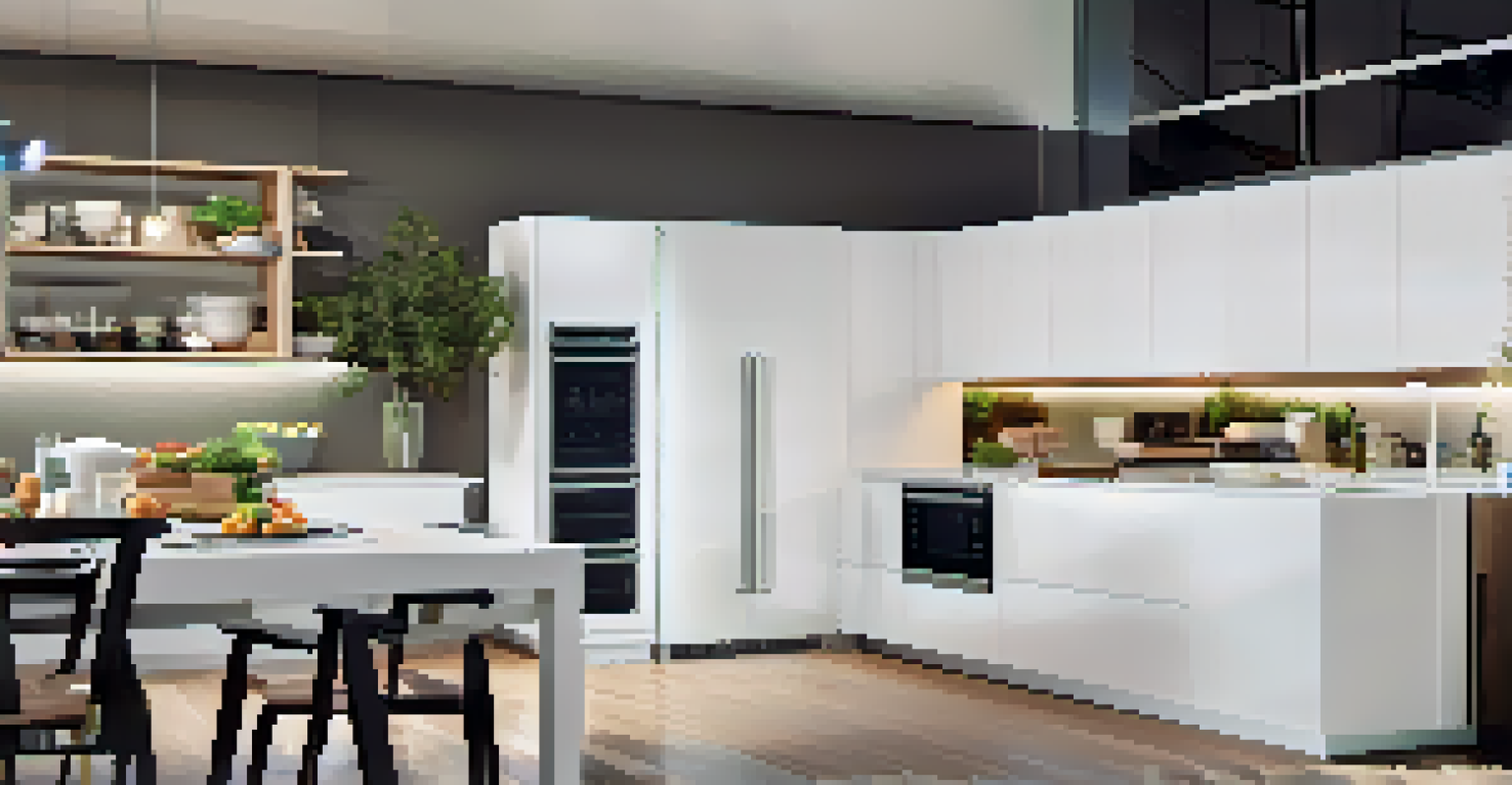 A modern kitchen with smart appliances like a refrigerator and oven, showcasing a bright and inviting atmosphere.
