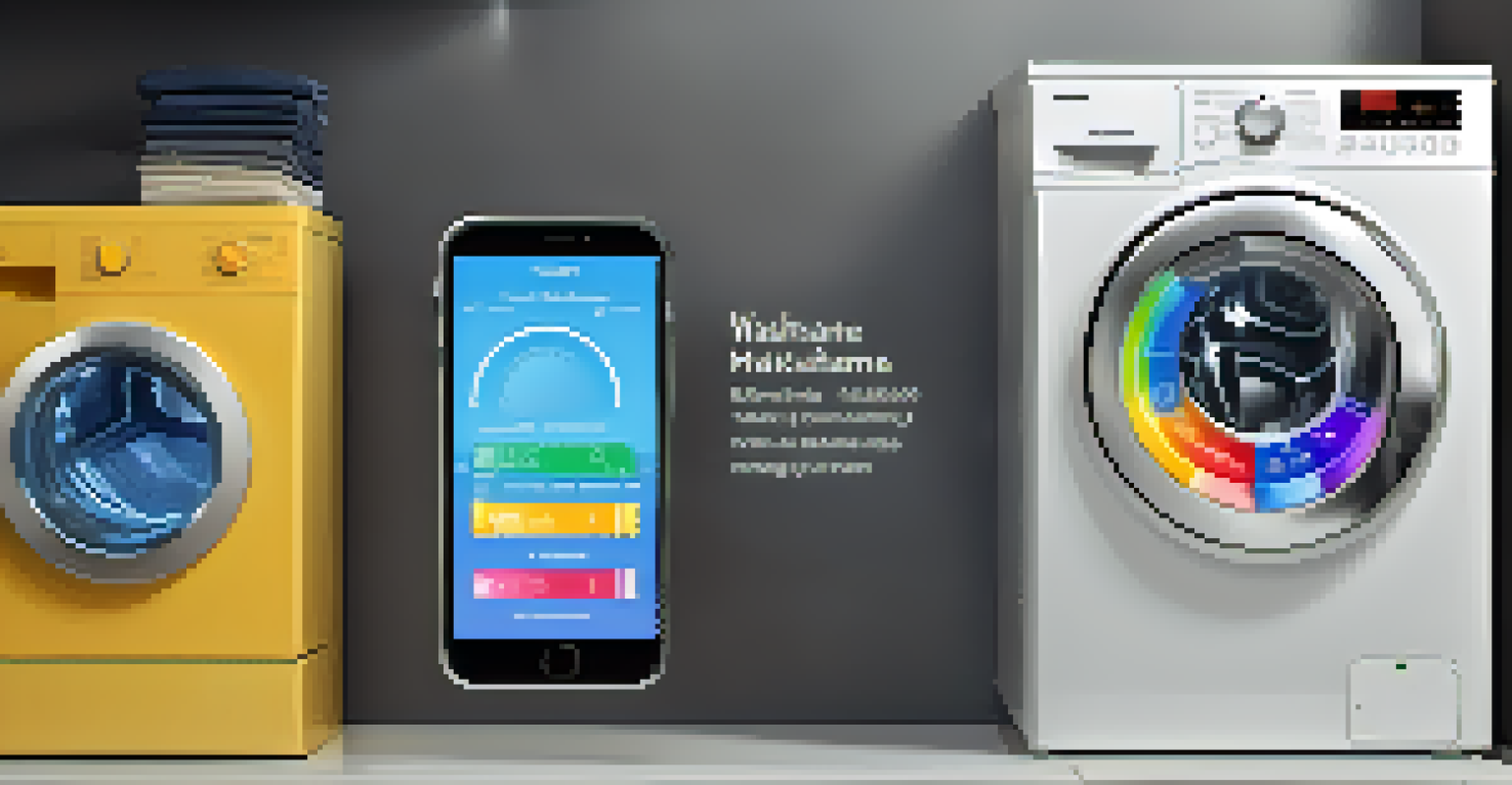 A close-up of a hand monitoring energy consumption on a smartphone app next to a smart washing machine in a modern laundry room.