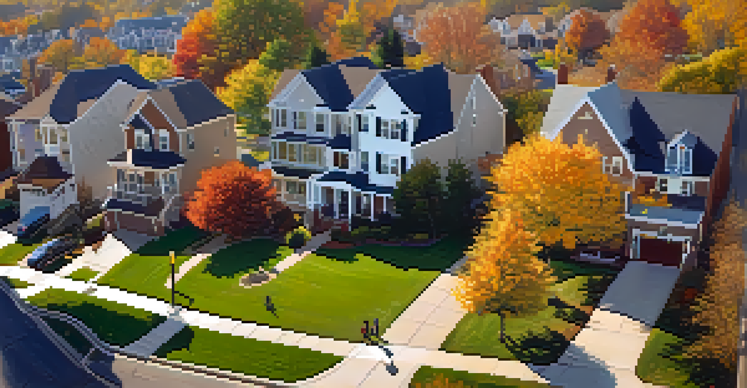 Aerial view of a suburban neighborhood in autumn, featuring houses, parks, and schools, illustrating the connection between property values and local funding.