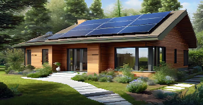 An eco-friendly house with solar panels and a garden, illustrating sustainable living.