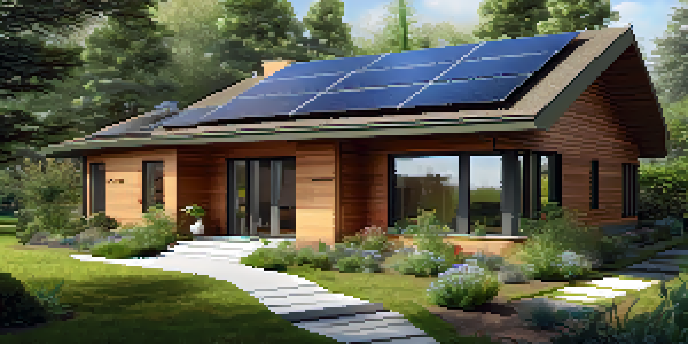An eco-friendly house with solar panels and a garden, illustrating sustainable living.