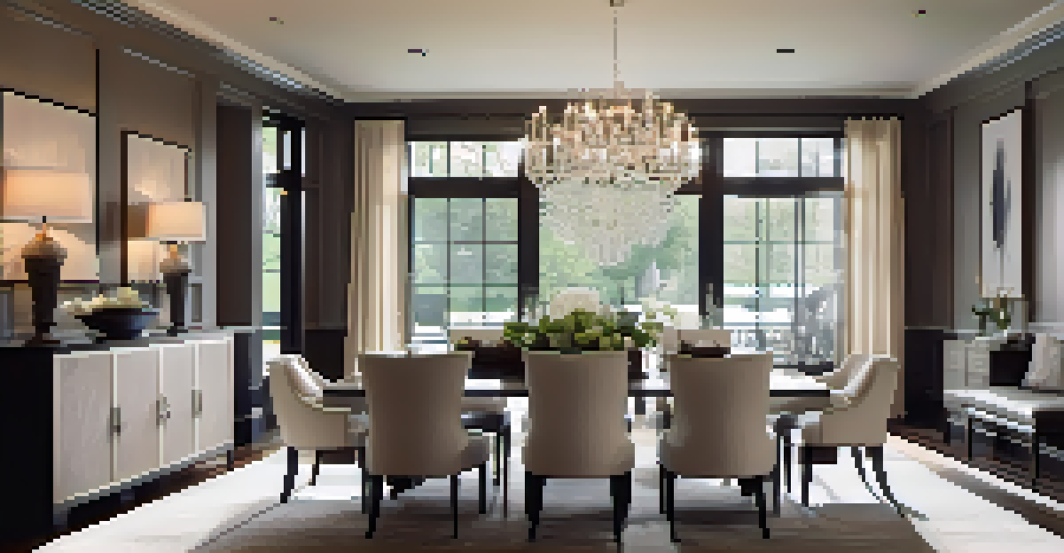 An elegant dining area with a dark wooden table, light chairs, and a modern chandelier, illuminated by natural light.
