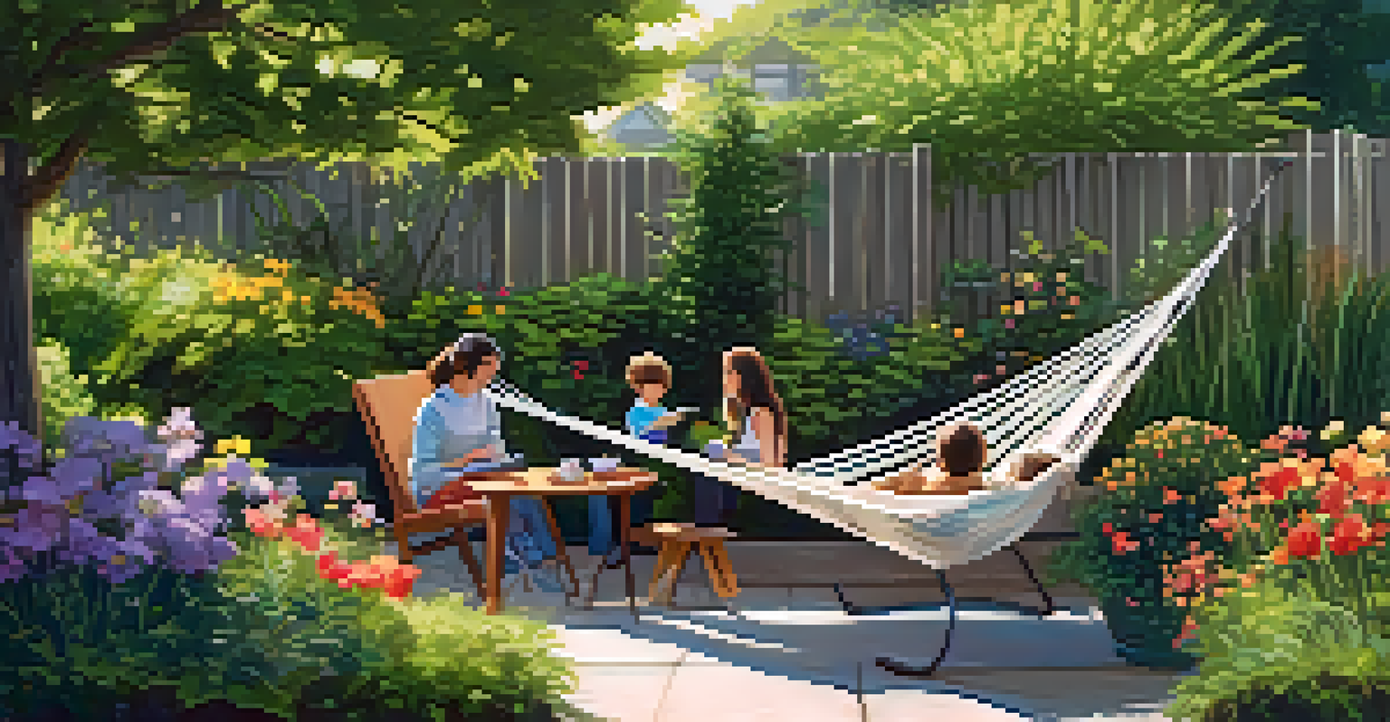A backyard garden scene with family members enjoying personal time; one reading in a hammock, another gardening, and a child drawing.