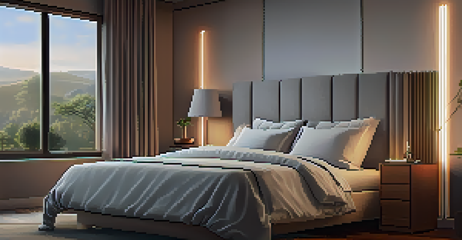 A peaceful bedroom with a smart alarm clock on the nightstand, automated curtains, and soft ambient lighting, creating a calming environment.