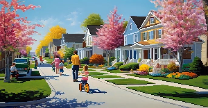 A lively neighborhood during spring with families moving in, blooming flowers, and children playing outside.