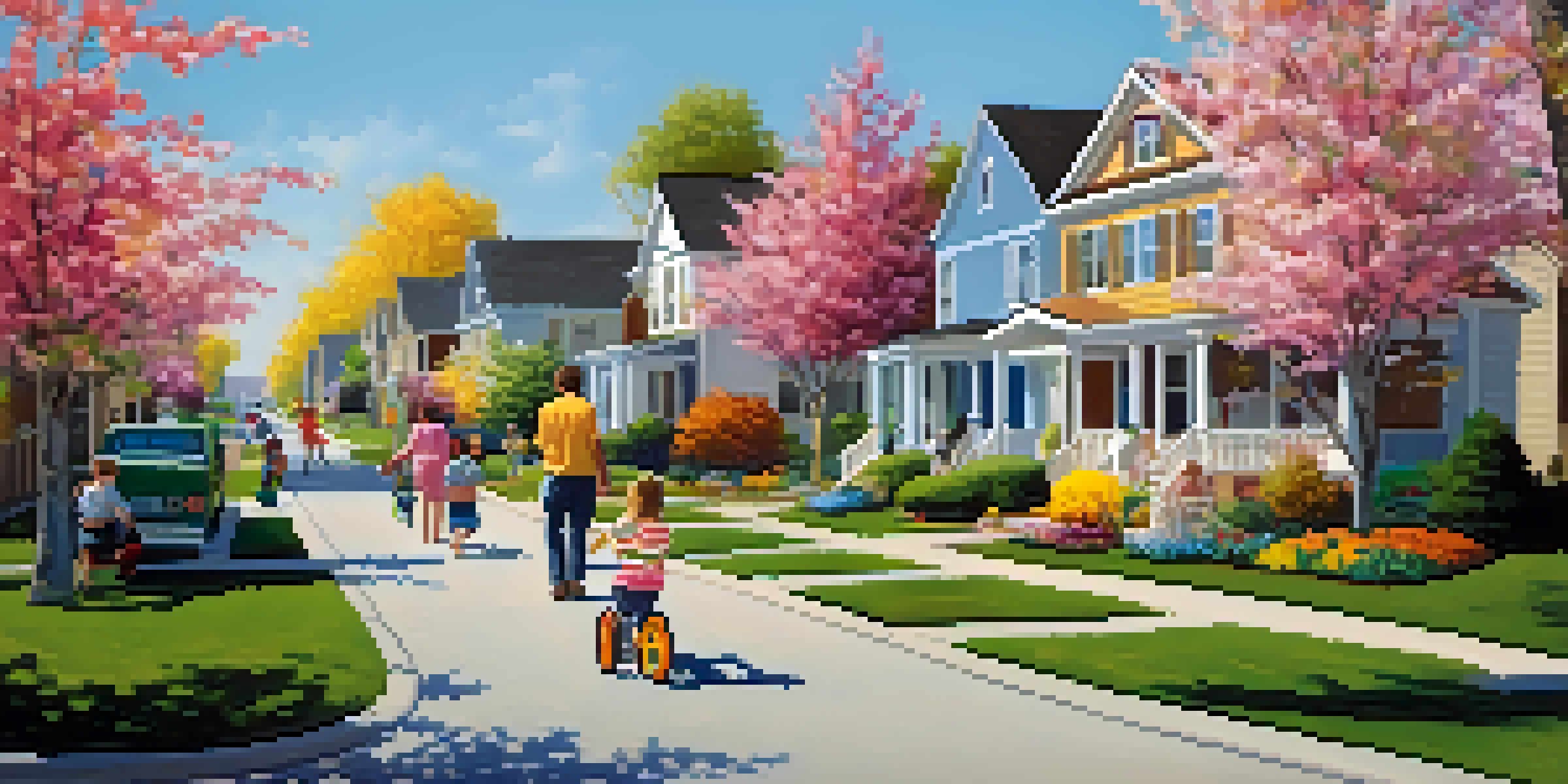 A lively neighborhood during spring with families moving in, blooming flowers, and children playing outside.