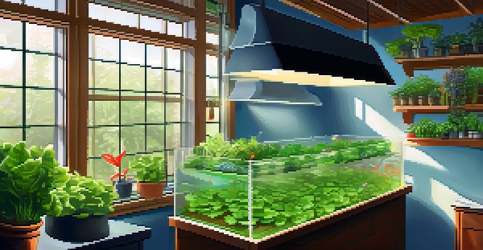 A colorful aquaponics garden featuring a fish tank and thriving plants under warm sunlight.