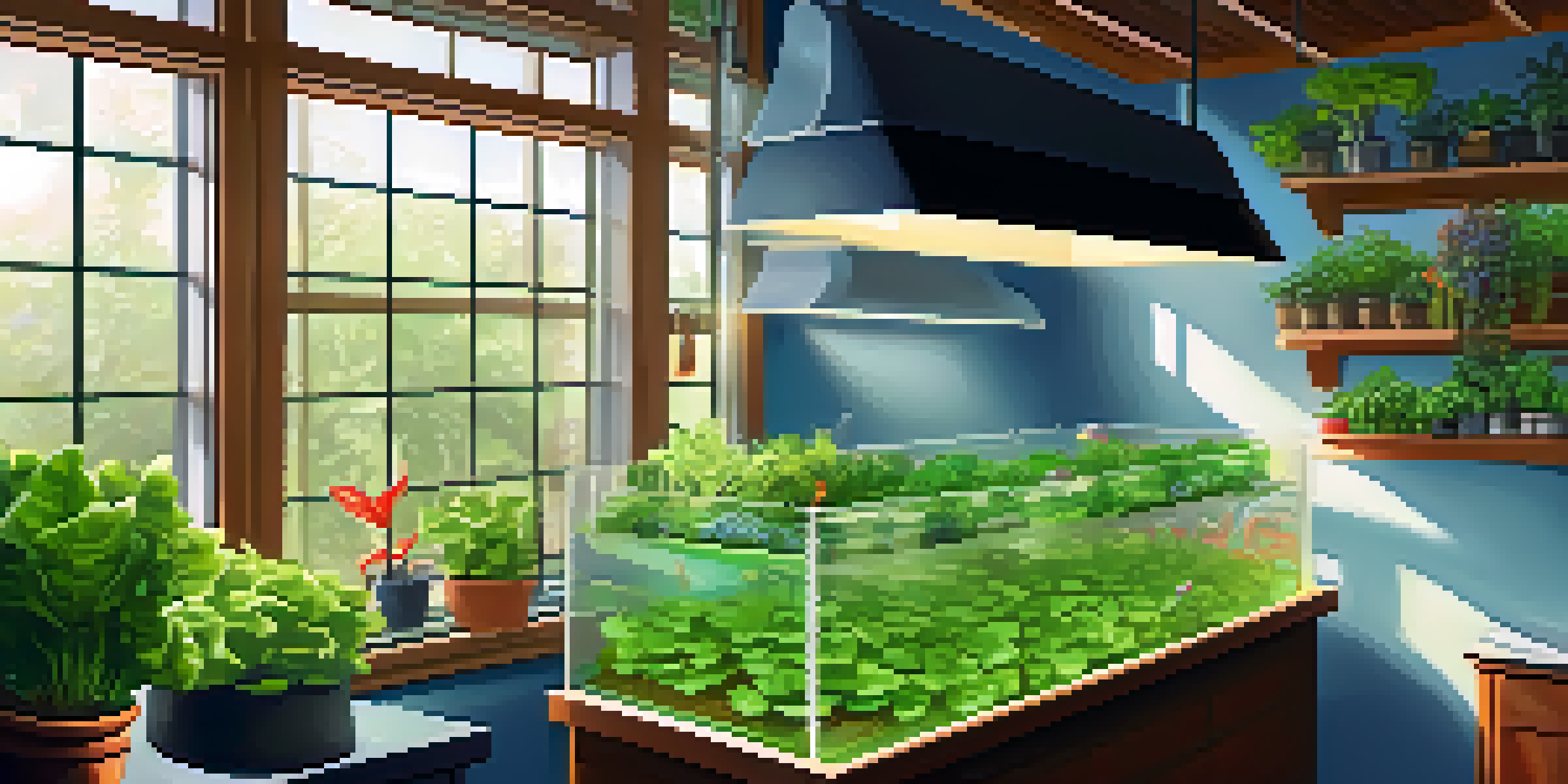 A colorful aquaponics garden featuring a fish tank and thriving plants under warm sunlight.