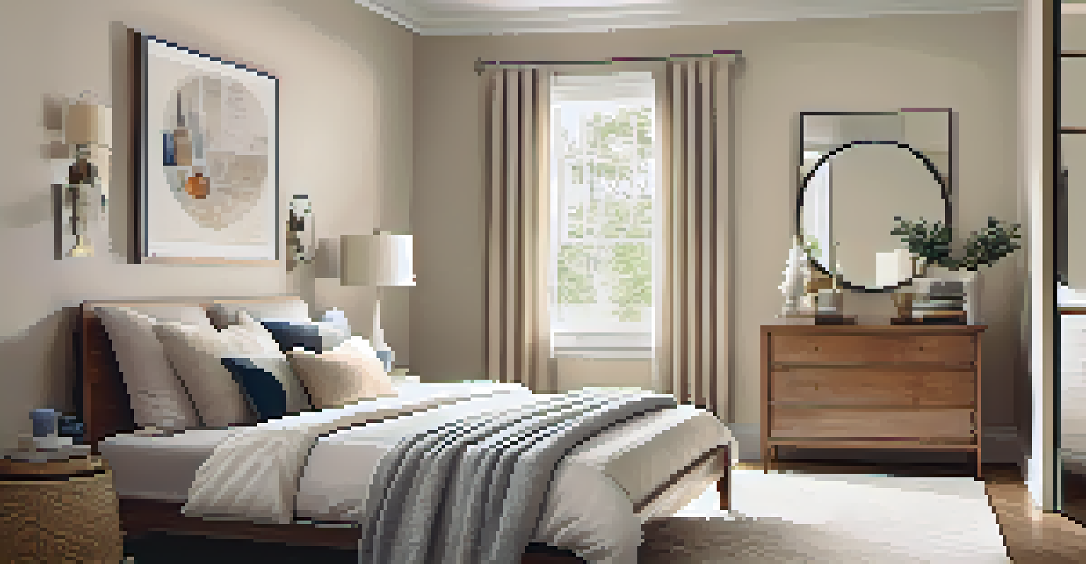 A cozy bedroom with a large mirror on a closet door reflecting light, decorated in soft neutral tones.