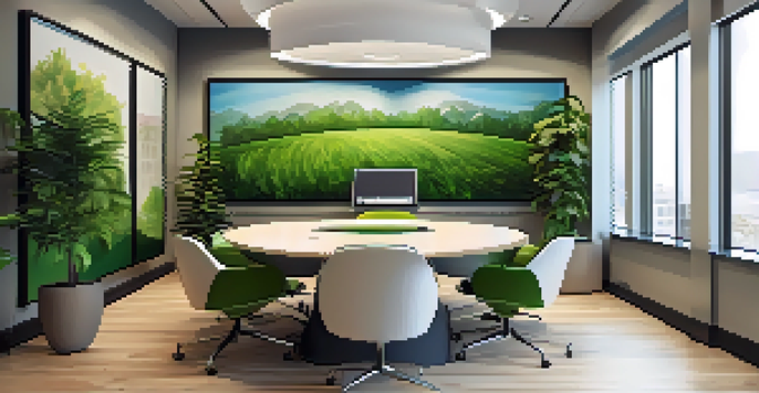 A modern office with a conference room featuring a round table, ergonomic chairs, vibrant artwork, and natural light from large windows.
