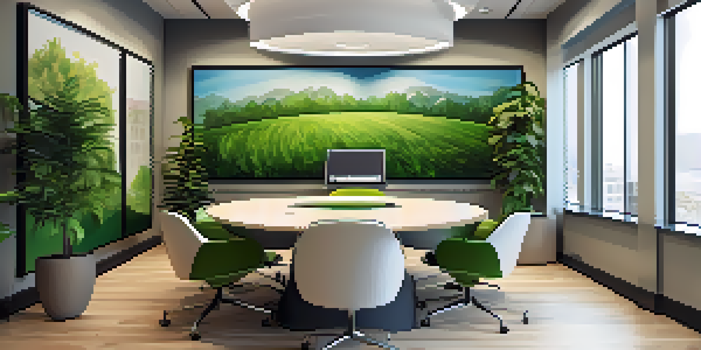A modern office with a conference room featuring a round table, ergonomic chairs, vibrant artwork, and natural light from large windows.