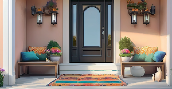 A welcoming entryway with a wooden bench, colorful cushions, potted plants, and lanterns, softly lit, showcasing a warm ambiance.