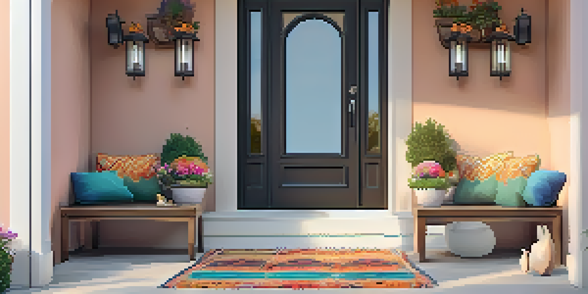 A welcoming entryway with a wooden bench, colorful cushions, potted plants, and lanterns, softly lit, showcasing a warm ambiance.