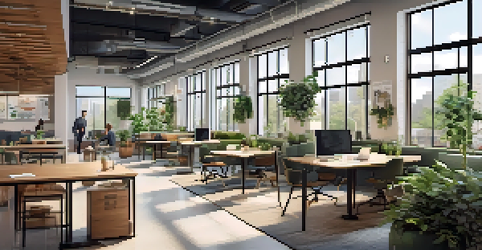 A bright and modern co-working space with open areas, ergonomic furniture, and greenery, showcasing a coffee bar in the background.
