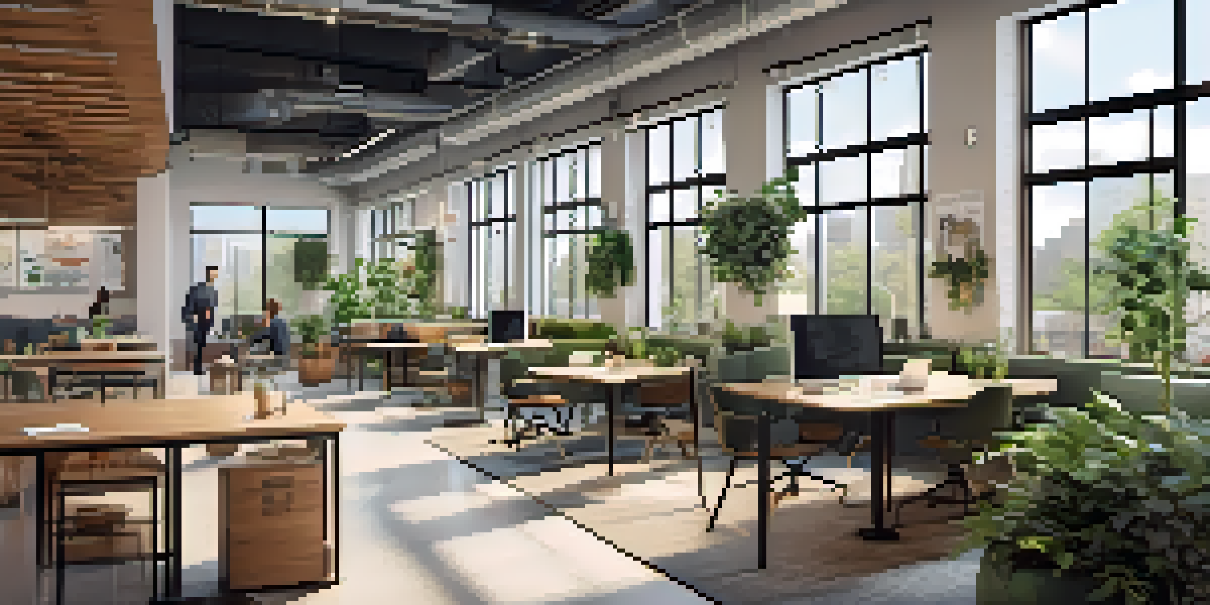 A bright and modern co-working space with open areas, ergonomic furniture, and greenery, showcasing a coffee bar in the background.