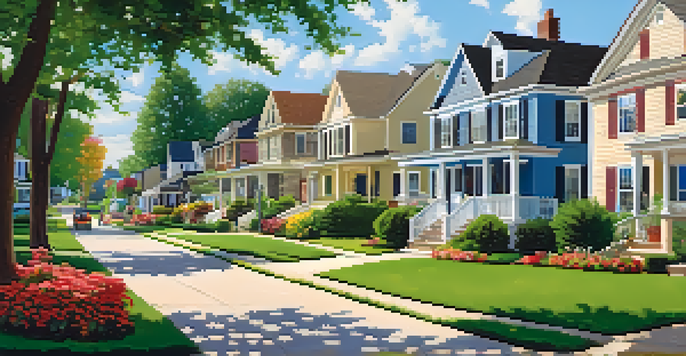 A vibrant suburban neighborhood with well-kept homes, green lawns, and families enjoying the outdoors.