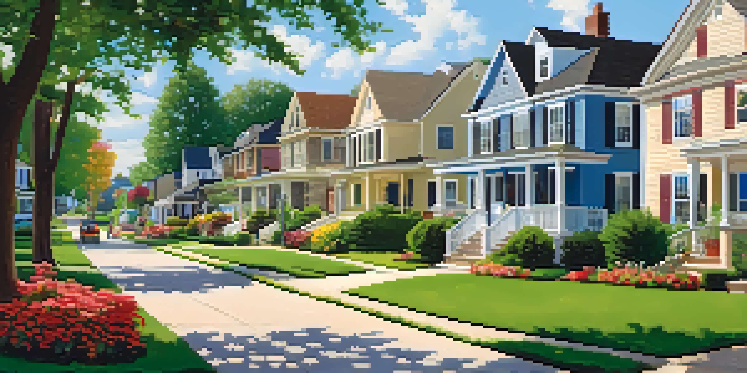A vibrant suburban neighborhood with well-kept homes, green lawns, and families enjoying the outdoors.