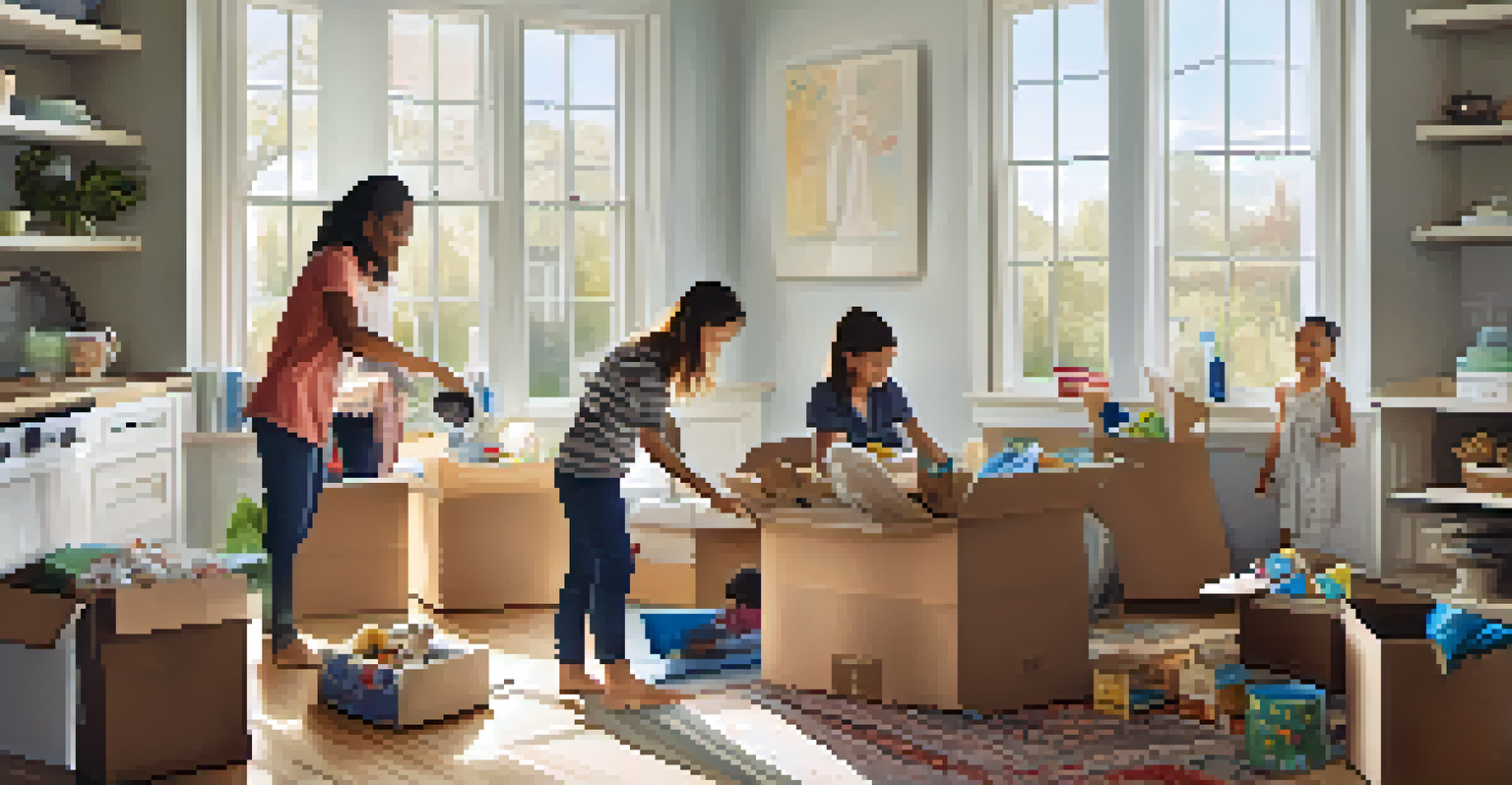 A family unpacking in their new home, with a child playing with toys and adults organizing kitchenware in a bright room.