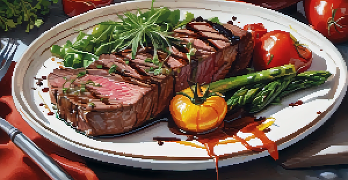 A gourmet plate of food featuring grilled vegetables and steak, beautifully arranged with vibrant colors.