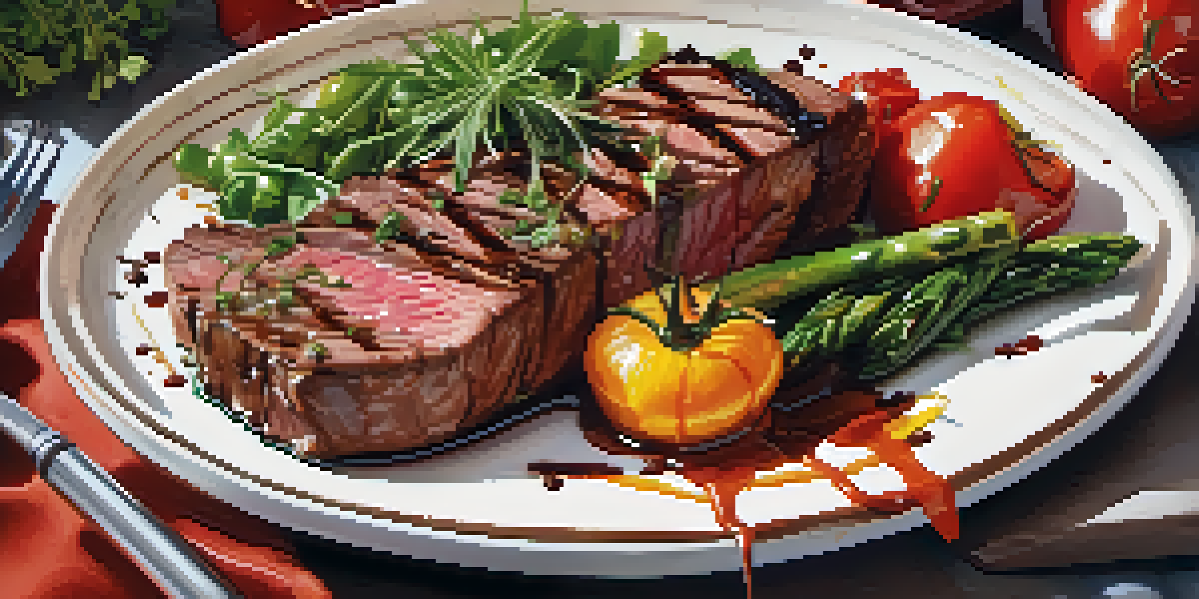 A gourmet plate of food featuring grilled vegetables and steak, beautifully arranged with vibrant colors.