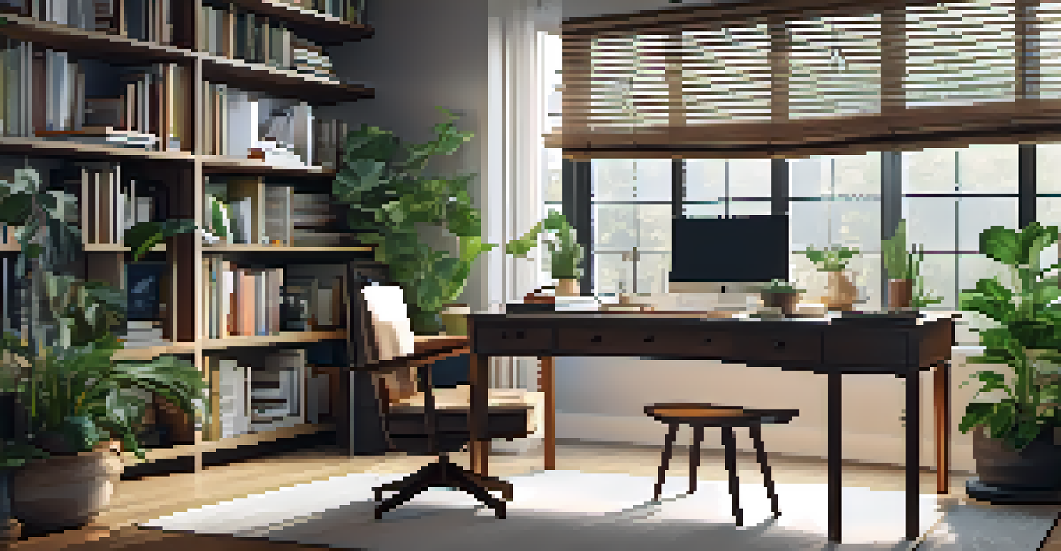A cozy home office with a desk, laptop, and natural light coming through large windows.