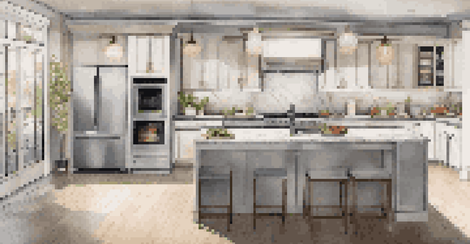 An elegant kitchen with smart appliances, including a digital refrigerator and a preheating smart oven, complemented by stylish decor.