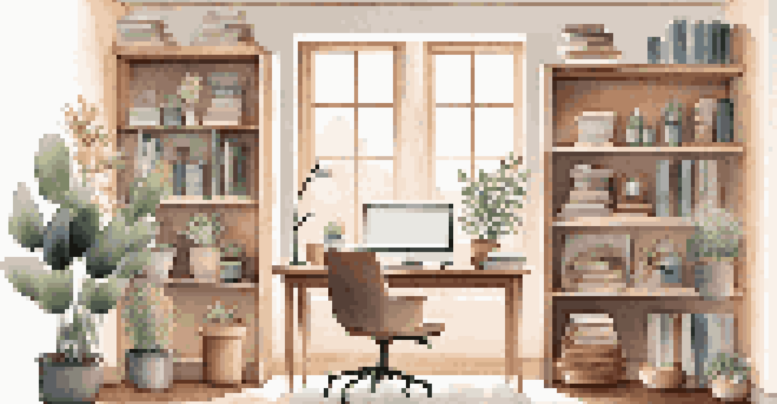 A modern home office with open shelving, light wooden shelves, a desk lamp, and small plants, all illuminated by natural light from a window.