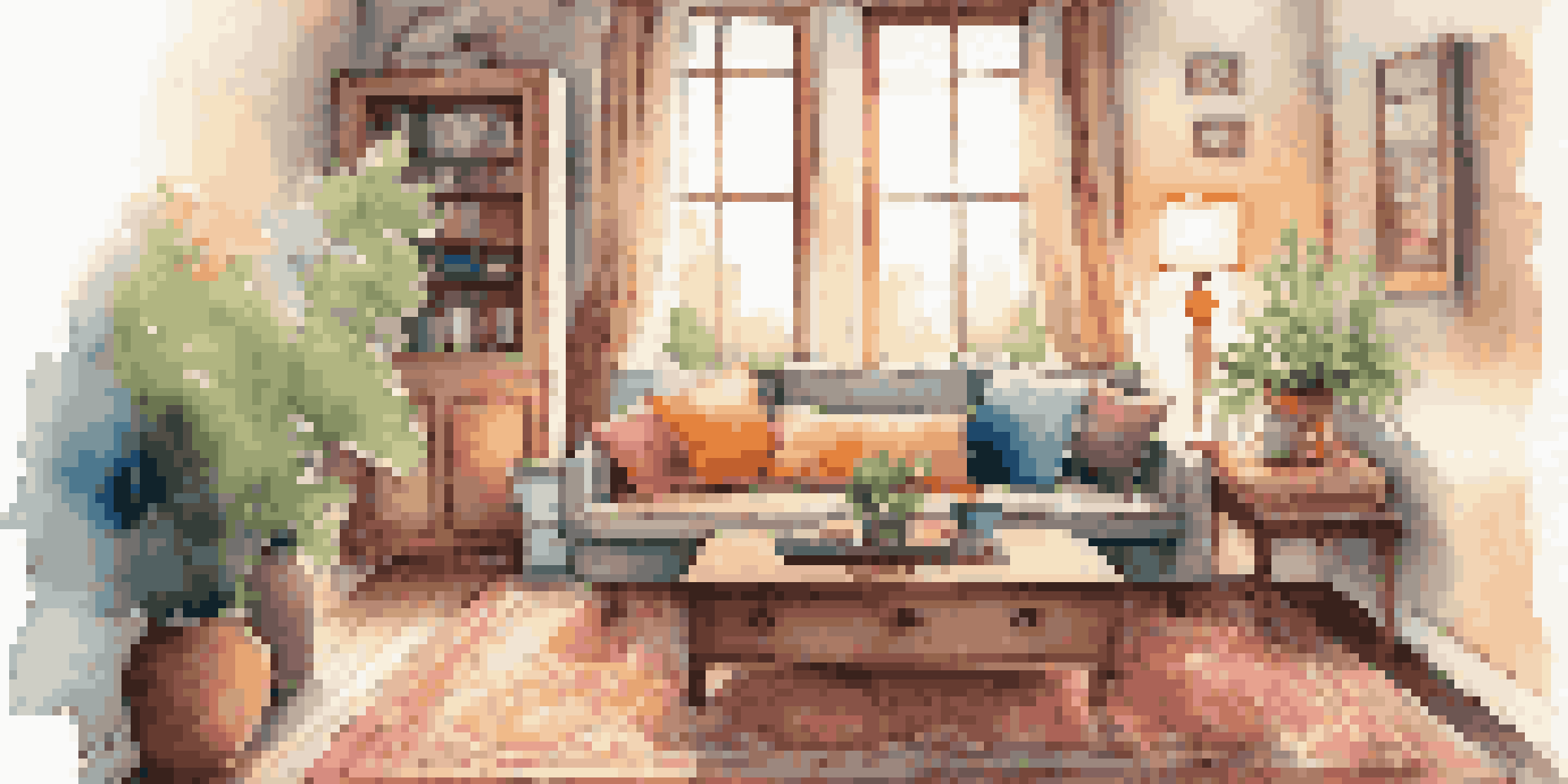 A warm and inviting living room with a comfortable sofa, a coffee table, and natural light from a window.