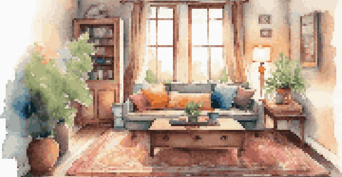 A warm and inviting living room with a comfortable sofa, a coffee table, and natural light from a window.